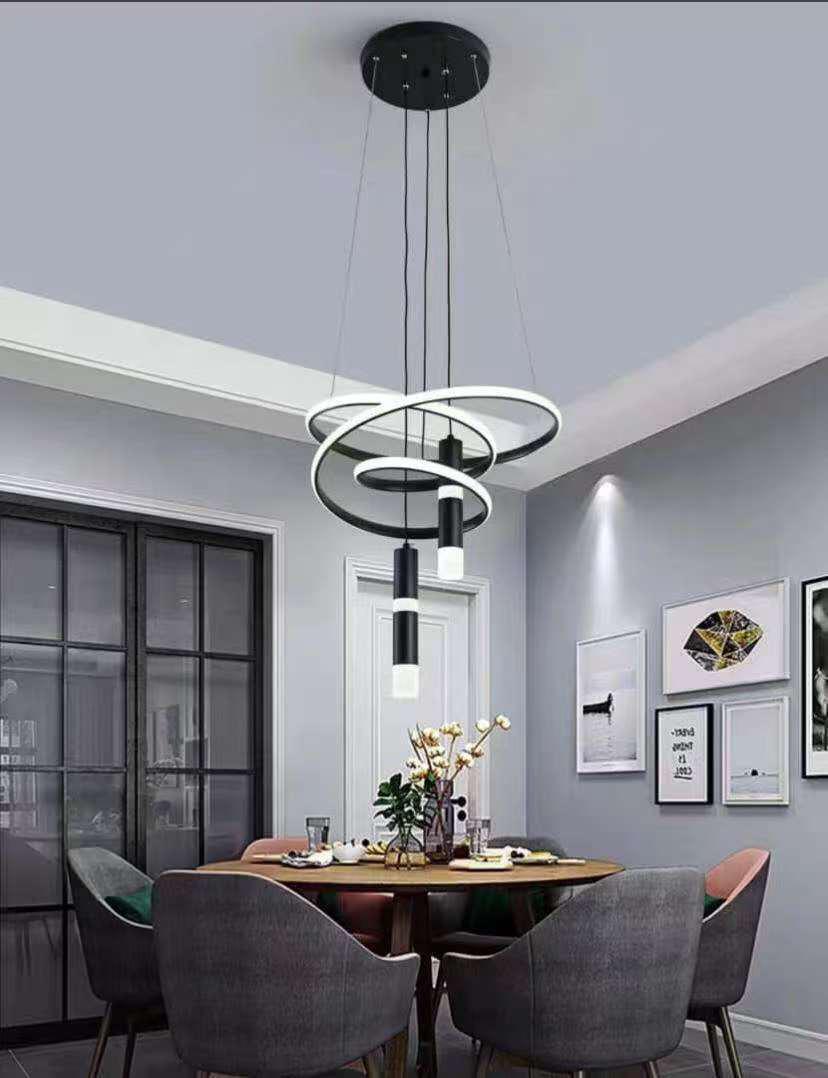 Modern LED Ring Chandelier – Triple Ring with Cylinder Drops