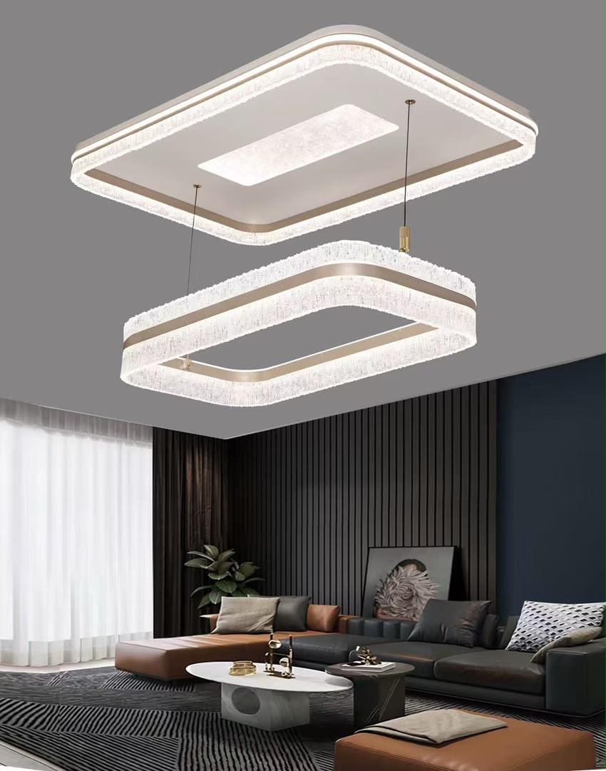 Modern Rectangular LED Pendant Chandelier – Champagne Crystal Ceiling Light