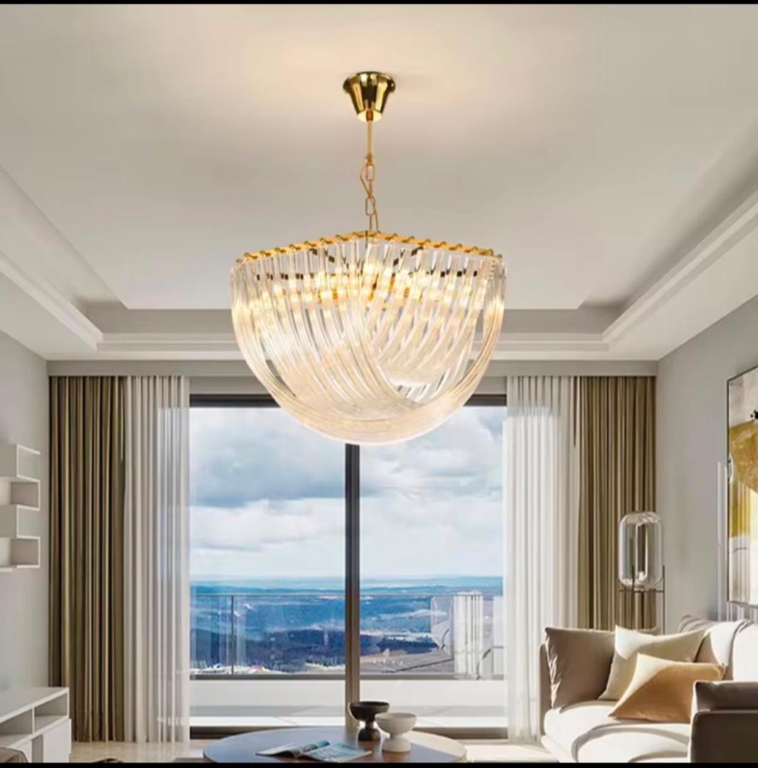 Elegant Luxury Pendant Chandelier – Ribbed Glass Dome with Gold Chain