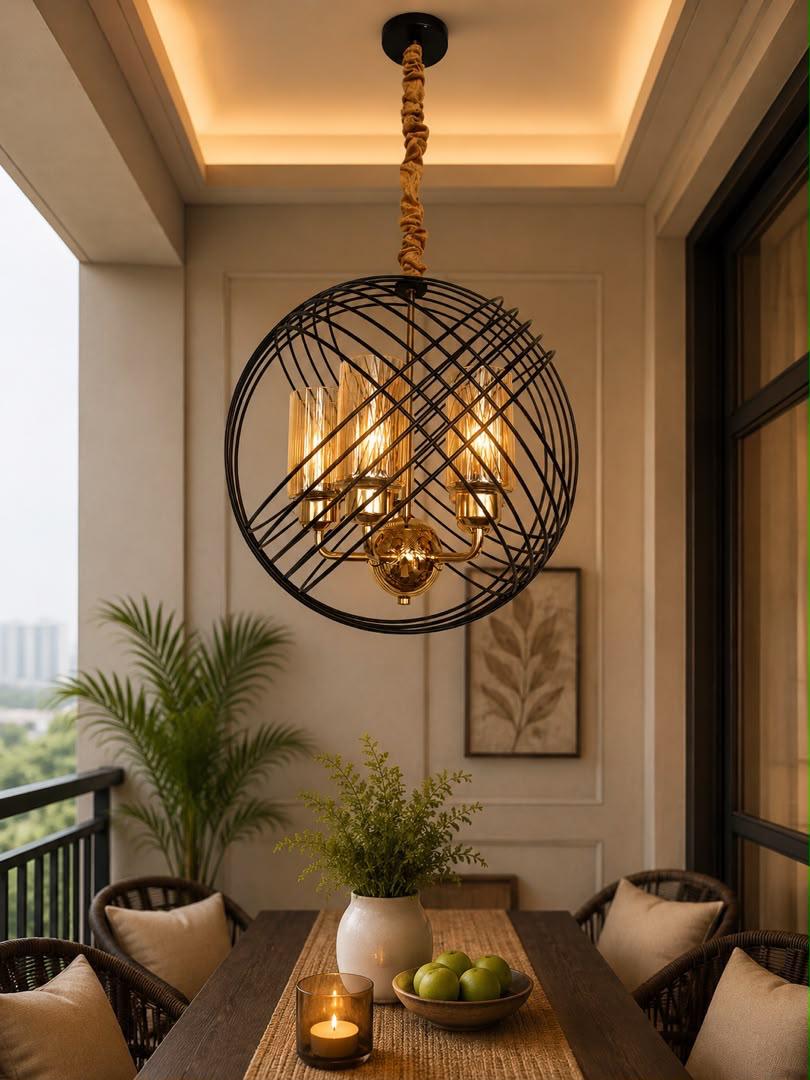 Spherical Wire Cage Chandelier – Amber Ribbed Glass Light