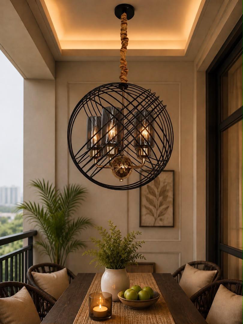 Spherical Wire Cage Chandelier – Smoked Glass Candle Light