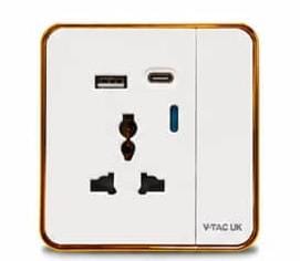 13A Single Socket with USB Charging Port – White and Gold