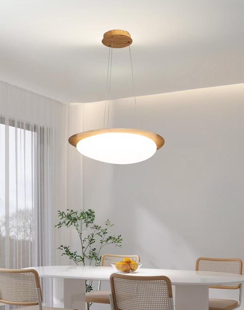 Wooden Round Pendant Light – Wood-Tone Ring with Frosted Disc