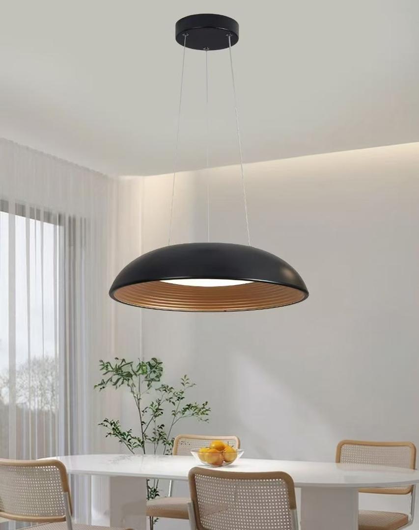 Black and Wood Round Pendant Light – Ribbed Interior Dome